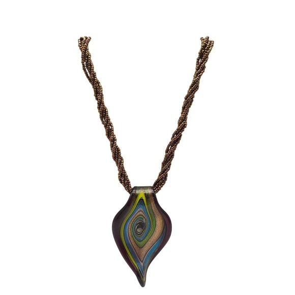 Handcrafted Murano Glass Pendant Necklace With Multicolor Swirl Brown Cord - Picture 1 of 7